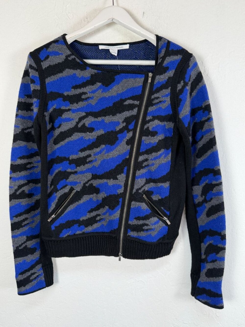 Diane von Furstenberg Blue Camo Print Wool Moto Zip Sweater Jacket Medium New